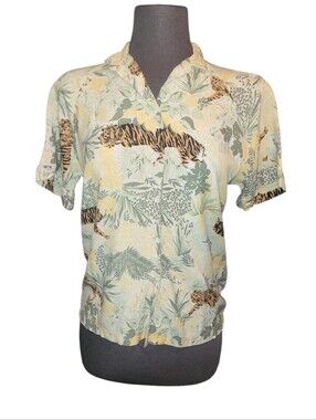 Vintage InWear Kristen Teisner Tropical Tiger Print ShortSleeve ButtonDown Shirt